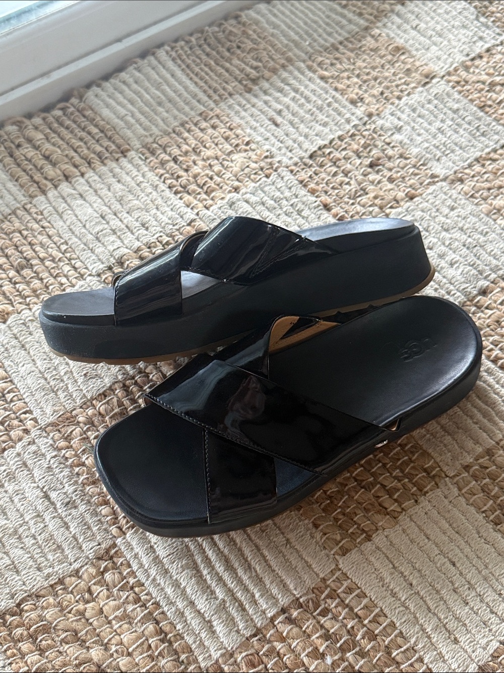 UGG Women's Black Patent Crossover Slide Sandals